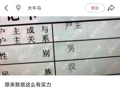 整张图是社交媒体内容截图，顶部显示发布者昵称为“大牛马”，中部是户口本页面的局部实拍，左侧依次为“户主或与户主关系”“性别”“民族”三个登记项，右侧对应内容分别为“户主”“男”，其中民族项的“汉”字下半部分书写潦草，看起来类似“工”，仿佛写成了“汉工”，图片底部配文“原来我爸这么有实力”，利用“汉工”谐音“焊工”的梗，调侃户主也就是发布者的父亲是焊工、有手艺实力，充满趣味性。