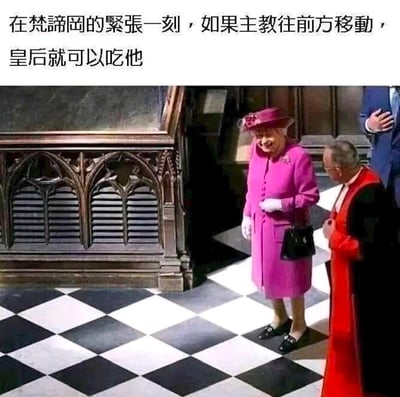 这是一张趣味玩梗的图片，图中是英国伊丽莎白二世女王与一位红衣主教站在梵蒂冈的黑白格地板上，地板样式酷似国际象棋棋盘。配文“在梵谛岡的緊張一刻，如果主教往前方移動，皇后就可以吃他”，将现实场景与国际象棋规则结合，把伊丽莎白二世对应象棋中的“后”，红衣主教对应象棋中的“主教”，制造出轻松搞笑的玩梗效果，仅通过场景与棋类规则的关联制造趣味，无特殊双关或谐音梗。