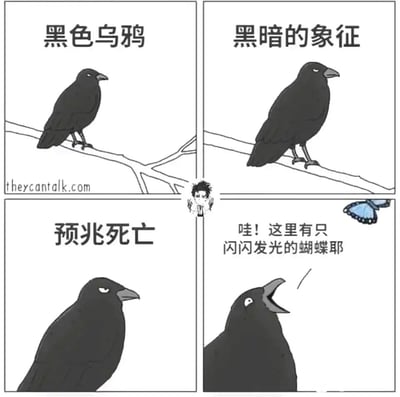 这是一幅四格连环卡通漫画，前三格分别用文字标注出人们对乌鸦的刻板印象：“黑色乌鸦”“黑暗的象征”“预兆死亡”，对应画面里的乌鸦表情冷漠、疏离，显得严肃又沉重；第四格画风突变，一只蓝色蝴蝶飞过，乌鸦立刻兴奋地抬头张嘴大叫，喊出“哇！这里有只闪闪发光的蝴蝶耶”，瞬间打破了之前的刻板印象，展现出乌鸦天真可爱的反差感，用拟人化的方式制造出幽默的效果。