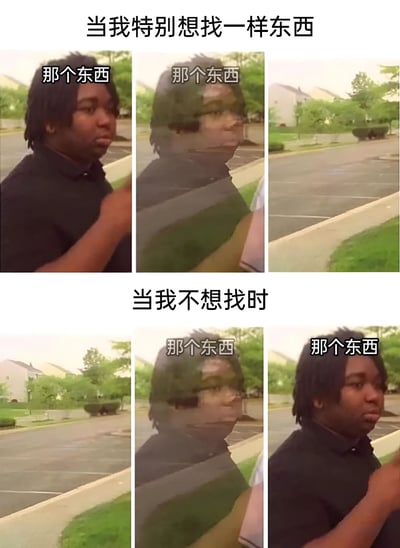 这是一张搞笑对比梗图，通过六张图片展示了找东西时的真实写照。上半部分三张图配文'当我特别想找一样东西'，展示了人物四处寻找却找不到的困惑表情；下半部分三张图配文'当我不想找时'，则展示了东西自己出现的场景。每张图片中都有文字'那个东西'指向人物视线方向，生动表现了人们日常生活中找东西时的无奈与搞笑经历。