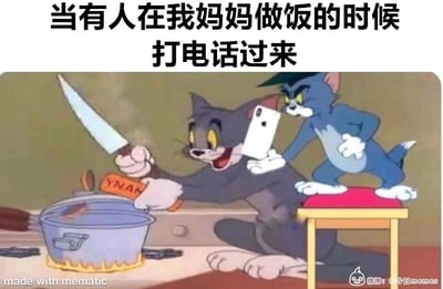 这是一张改编自经典动画《猫和老鼠》的搞笑梗图，顶部配有文字“当有人在我妈妈做饭的时候打电话过来”。画面中被修改为两个汤姆猫的形象：一个汤姆猫正蹲在炉灶前，兴奋地手持刀具往锅中添加调料，专注于做饭；另一个汤姆猫站在凳子上，表情凶狠地举着白色手机，将手机凑到做饭的汤姆猫耳边，用夸张的卡通场景，生动地表现出妈妈在做饭时被电话打扰的烦躁情绪，引发人们对家庭日常中类似场景的共鸣。