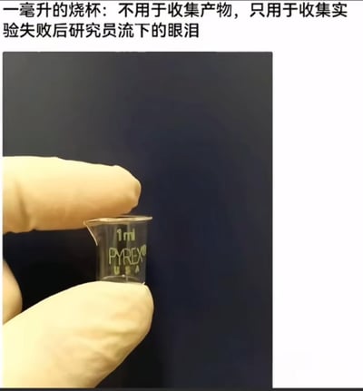 图片中一只戴着浅色手套的手正捏着一个小巧的1ml PYREX烧杯，背景为纯深色。烧杯体积微小，与常见实验器材形成鲜明对比。上方文字幽默地赋予其特殊用途：“不用于收集产物，只用于收集实验失败后研究员流下的眼泪”，通过夸张手法调侃科研工作中实验失败的沮丧与无奈，以科研人员的视角制造共鸣笑点。