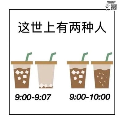 这是一张对比类趣味梗图，整体为白色背景加黑色边框，顶部居中位置写有文字“这世上有两种人”。下方分为左右两个对比组：左侧对应标注的时间段“9:00-9:07”，依次展示两杯带吸管的冰咖啡，第一杯为装满咖啡、带有多块冰块的完整冰咖啡，第二杯为7分钟后的状态，咖啡已经被全部喝完，仅剩下杯底的冰块；右侧对应标注的时间段“9:00-10:00”，同样依次展示两杯带吸管的冰咖啡，第一杯为装满咖啡、带有多块冰块的完整冰咖啡，第二杯为1小时后的状态，冰块已经大半融化成小水滴状，杯中还剩余大量咖啡。图片右上角带有包含二维码和“沙雕图每日更新”字样的小水印。该图用直观的对比展现了不同人群饮用冰咖啡的速度习惯差异，生动有趣。