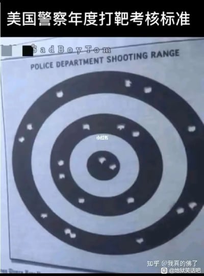 这是一张针对美国警察的讽刺类梗图，图片顶部标注有中文“美国警察年度打靶考核标准”，下方是一张标有英文“POLICE DEPARTMENT SHOOTING RANGE”的打靶靶纸。靶纸上的弹孔被修改为手的形状，且绝大多数弹孔都分布在靶纸的最外围和中间偏外的区域，仅有两枚弹孔位于靶心附近。这张图通过夸张的弹孔分布和特殊的弹孔形状，调侃美国警察射击精度差、容易出现误射的争议点，属于网络上流行的地狱笑话类调侃内容。