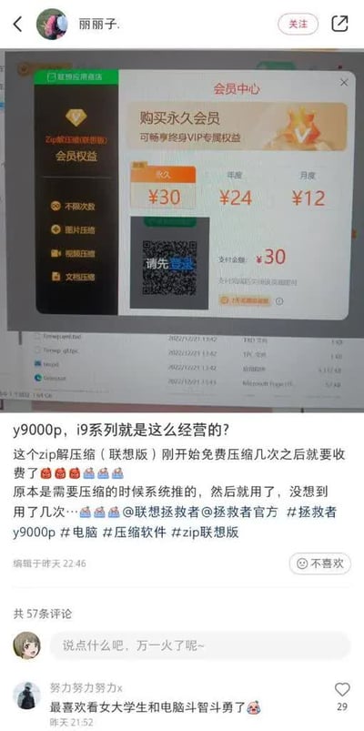 社交媒体用户发布的联想ZIP压缩软件会员订阅弹窗截图，展示了软件从免费试用转为收费的情况。弹窗中显示了会员权益包括不限次数压缩、图片压缩、视频压缩和文档压缩，以及三种会员套餐价格：永久会员30元、年度会员24元、月度会员12元。用户抱怨该软件刚开始免费提供几次压缩服务后就要求付费订阅，表达了对这种商业模式的不满。