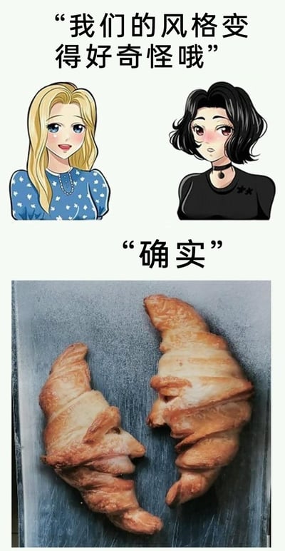 这是一张上下拼接的搞笑梗图，上半部分呈现两位风格迥异的卡通女性角色：一位是留着金色长发、身着蓝底白点连衣裙的甜美风格角色，面带笑容，神态活泼；另一位是留着黑色短卷发、身着黑色上衣搭配颈链的酷感风格角色，脸颊泛红，神态略带疑惑，配文“我们的风格变得好奇怪哦”。下半部分是两个外形恰好与这两位卡通角色撞脸的可颂面包，面包的褶皱和形态分别对应两位女性的发型与面部特征，配文“确实”。整张图通过卡通角色与撞脸食物的对应，制造出“风格从卡通突变到现实食物”的反差感，用错位的呼应形成幽默搞笑的效果，放大了“风格奇怪”的笑点。