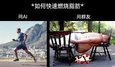 这是一张左右分栏的对比类搞笑梗图，顶部配有标题“*如何快速燃烧脂肪*”。左侧区域标注“问AI”，对应的画面是一位身着蓝色运动T恤与黑色短裤的男士，在带有城市与山峦背景的户外道路上跑步，呈现出AI会给出的常规健康燃脂方式——通过有氧运动消耗脂肪。右侧区域标注“问群友”，对应的画面是一名肥胖人士趴在两把椅子之间，其屁股下方有火焰燃烧，用字面意义上的“燃烧脂肪”制造荒诞搞笑的效果，与左侧的常规方式形成强烈反差，以此调侃群友的回答往往充满无厘头的创意，不走寻常路，通过这种反差感来营造幽默氛围。