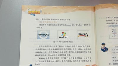 这是七年级上册信息技术教材的一页翻拍内容，页面先说明计算机必须安装操作系统才能正常工作，接着开启「常用操作系统介绍」板块，列举了华为Harmony OS、Windows、UNIX和Linux等常用系统，并配有HarmonyOS、Windows、Linux的官方图标。随后分别介绍华为鸿蒙系统是基于微内核的面向全场景分布式操作系统，能实现多设备互联共享；Windows是应用广泛的操作系统，终结了命令操作时代，大大降低了计算机操作难度。页面右下角还有一个竖起大拇指的卡通毕业生形象，右侧页面还露出了部分其他操作指引内容。