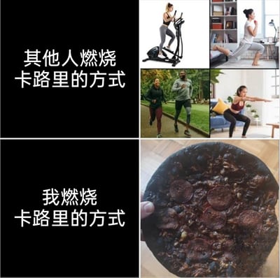 这是一张上下对比式的搞笑梗图，上半部分左侧配文“其他人燃烧卡路里的方式”，右侧展示了四种常规的运动燃脂场景：使用椭圆机健身、在家做弓步训练、户外跑步、在家做深蹲，呈现了健康的消耗卡路里的方式；下半部分左侧配文“我燃烧卡路里的方式”，右侧是一张完全烤糊的深色披萨，这里运用了双关的手法，字面意思是“燃烧”披萨（将披萨烤至焦糊），实际是自嘲自己没有通过运动消耗卡路里，反而选择食用高热量的披萨，和他人的健康生活方式形成强烈反差，以此调侃自己不爱运动、管不住嘴的生活状态，充满幽默趣味。