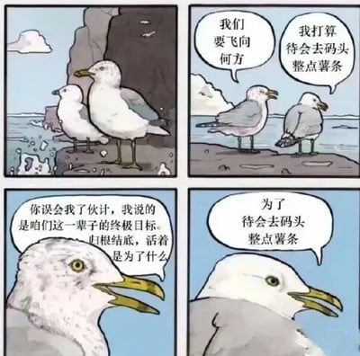 这是一幅四格连环卡通漫画，描绘了两只海鸥的对话：第一格展示两只海鸥站在海边的岩石上，背景是海洋与崖壁；第二格中，一只海鸥向另一只发问“我们要飞向何方”，另一只海鸥淡定回应“我打算待会去码头整点薯条”；第三格中，提问的海鸥变得严肃，认真地说“你误会我了伙计，我说的是咱们这一辈子的终极目标，归根结底，活着是为了什么”，将话题上升到人生意义的宏大层面；第四格中，另一只海鸥依旧淡定地给出回答“为了待会去码头整点薯条”。漫画用宏大的人生终极目标与简单朴素的小愿望形成强烈反差，制造出荒诞又幽默的效果，消解了人生意义的沉重感，传递出一种活在当下、重视简单小美好的生活态度。