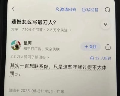 这是一张知乎问答页面的手机截图，问题为'遗憾怎么写最刀人?'，下方显示用户'星河'的回答：'其实一直想联系你，只是这些年我过得不太体面。'。该回答获得2.3万人赞同，编辑时间为2025年8月21日14:54，地点标注为广东。页面顶部有'邀请回答'、'写回答'按钮及搜索图标，问题旁显示有7104个回答和2.2万个关注。
