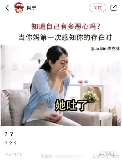 这是一张知乎平台的社交动态截图形式的搞笑梗图，顶部为用户“阿宁”的账号栏，正文先抛出问题“知道自己有多恶心吗？”，紧接着给出反常识的回答“当你妈第一次感知你的存在时”，下方搭配一张孕妇坐在沙发上孕吐的实拍图，图上标注配文“她吐了”，发布者在梗图下方配了两行共五个问号，表达自己看到这个脑洞梗时的错愕疑惑情绪。该梗将孕妇正常的早孕孕吐反应调侃成妈妈感知到孩子存在时觉得孩子恶心，用逻辑反差制造笑点，属于孕期相关的自嘲类搞笑内容。