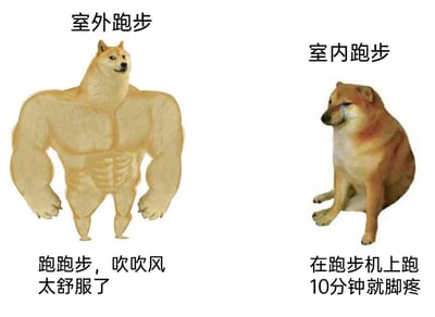 这是一张左右分栏的对比类meme图，通过两种截然不同的柴犬形象和配文，生动展现了室外跑步与室内跑步的巨大体验差异。左侧代表室外跑步：将柴犬头部与健硕的人类肌肉身体合成，呈现出一副惬意满足的状态，下方配文“跑跑步，吹吹风 太舒服了”，传递出室外跑步时能享受自然风、身心舒畅的愉悦感；右侧代表室内跑步：使用经典的流泪柴犬表情包，柴犬坐着流泪，表情委屈难过，下方配文“在跑步机上跑10分钟就脚疼”，体现出室内在跑步机跑步的枯燥与身体不适感。整张图通过形象和文字的强烈反差，调侃了两种跑步方式的不同体验，容易引发有类似经历的网友共鸣。