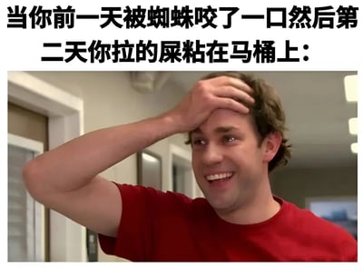 图片上方为黑色加粗文字‘当你前一天被蜘蛛咬了一口然后第二天你拉的屎粘在马桶上：’，下方是一名穿着红色T恤的男子单手扶额，表情困惑又略带惊讶的室内场景截图。整体通过荒诞的因果关系制造搞笑效果，展现日常生活中的无厘头迷惑瞬间。