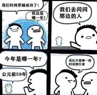 四格漫画展示了两个时间旅行者的搞笑经历：他们成功穿越时空后，兴奋地询问路人今年是哪一年，得到的回答竟是“公元前59年”，最后意识到自己不是唯一的时间旅行者。画面采用简约的白色小人设计，表情生动，对话幽默。