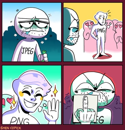 这是一幅四格拟人化搞笑漫画，将图片格式JPEG和PNG进行拟人化：第一格中JPEG拟人形象憔悴萎靡，呈现出因有损压缩而“状态不佳”的样子；第二格中PNG拟人形象光鲜亮丽，被带有爱心的粉色形象围绕，体现PNG无损压缩、画质清晰更受欢迎的特点；第三格PNG开心挥手，进一步突出其受欢迎的状态；第四格JPEG崩溃大哭，举着一张因JPEG压缩而模糊的竖中指图片，表达对PNG受欢迎的嫉妒与不满，用幽默的方式调侃两种图片格式的特性差异。