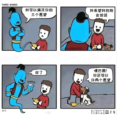 这是一则四格连环搞笑漫画，标题为“THREE WISHES”（三个愿望）。第一格中，蓝色灯神从主人手中的金色神灯里现身，告知主人可以满足他三个愿望，主人露出惊讶的神情；第二格，主人开心地向灯神许愿，希望自己的小狗能够开口说话；第三格，灯神打了个响指（配拟声词SNAP!），告知主人愿望已经实现，主人满脸兴奋；第四格，主人蹲下身和小狗互动，此时小狗开口说话，提醒主人还剩下两个愿望可以许，形成了意料之外的神反转，用脑洞大开的剧情制造出幽默效果，打破了常规许愿故事的叙事逻辑。