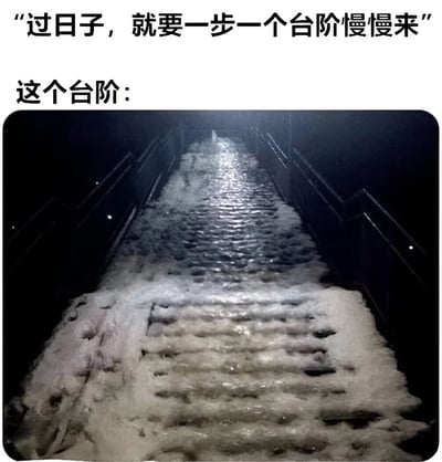 图片上方配有文字“过日子，就要一步一个台阶慢慢来”，下方紧接着“这个台阶：”，展示了一张结冰的陡峭楼梯照片。楼梯表面覆盖着厚厚的冰层，显得湿滑危险，与文字中提倡的“一步一个台阶慢慢来”形成鲜明对比和幽默反差，暗示现实生活中的困难远超预期。