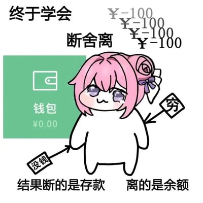 图片中是粉色头发、扎着玫瑰花发型的卡通角色Doro，她有着紫色的眼睛和略带悲伤的表情，身体呈白色圆润形状。角色左侧有一个绿色的钱包图标，显示余额¥0.00。上方文字写着“终于学会 断舍离”，旁边有多个“¥-100”符号重复出现。角色左右手分别拿着写有“没钱”和“穷”的牌子，下方文字为“结果断的是存款 离的是余额”。整体通过幽默方式表现了本想进行“断舍离”却导致财务空空的无奈场景。
