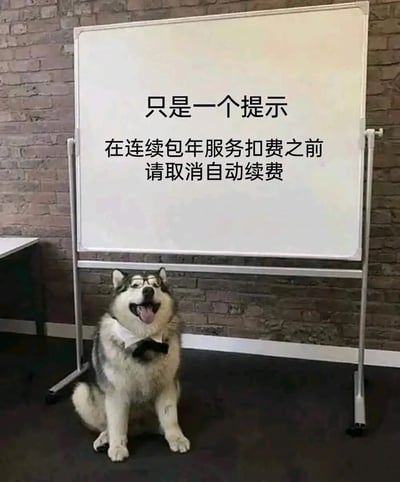 这是一张充满趣味的生活提示梗图，画面主体是一只戴着黑框眼镜与黑色领结的哈士奇，它端正地坐在带支架的白板前方，张嘴吐舌，表情开心搞怪，仿佛在扮演一位“讲师”。白板上清晰地写着黑色提示文字：“只是一个提示 在连续包年服务扣费之前 请取消自动续费”，用拟人化的宠物形象来传递实用的生活提醒，风格幽默接地气，能让人们在轻松的氛围中记住这个避免不必要扣费的重要提示。