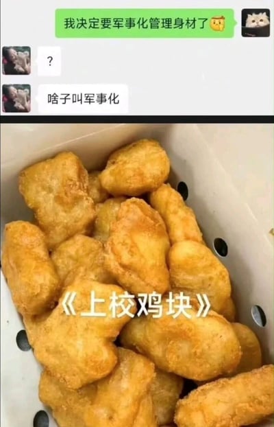 图片分为上下两部分。上半部分是聊天记录截图，绿色气泡消息显示“我决定要军事化管理身材了🍋”，对方回复“?”和“啥子叫军事化”。下半部分是一张上校鸡块的照片，金黄酥脆的鸡块装在带孔容器中，图片中央叠加文字“《上校鸡块》”。图中利用“军事化”与“上校”（军事头衔）的关联制造幽默效果，调侃说要军事化管理身材却吃上校鸡块的矛盾行为。