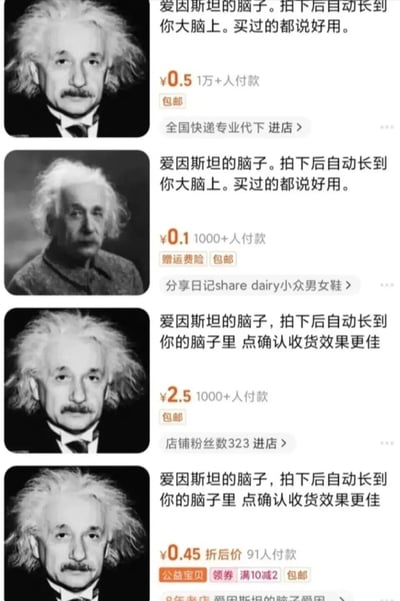 这是一组由四张电商平台商品截图拼接而成的图片，所有商品均以物理学家阿尔伯特·爱因斯坦的肖像作为商品图，商品名称统一为“爱因斯坦的脑子”，并搭配恶搞式的宣传文案，如“拍下后自动长到你大脑上”“点确认收货效果更佳”等，商品售价从0.1元到2.5元不等，不同店铺的付款人数、服务权益（包邮、赠运费险等）有所区别。这类商品属于无实物的虚拟恶搞商品，利用爱因斯坦的高智商形象制造反差感，以趣味玩梗的方式吸引用户，满足网络趣味消费的心理，没有实际的商品价值，仅作为网络搞笑内容存在。