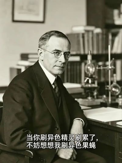 这是一张经过文字改编的黑白历史照片表情包，图中主体是知名遗传学家托马斯·亨特·摩尔根，他佩戴细框眼镜，身着深色西装，正坐在实验室座椅上看向镜头，背景可见书架、科研实验仪器与书桌。图片底部叠加了白色配文，将摩尔根当年为了科研大量筛选培育变异（异色）果蝇的经历，与宝可梦玩家反复刷取稀有异色宝可梦的行为做类比，用反差感制造趣味，调侃玩家刷取稀有游戏内容的辛苦，同时也暗含对摩尔根科研付出的趣味调侃。