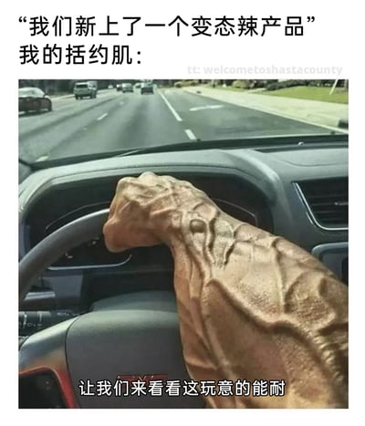 这是一张搞笑网络梗图，通过拟人化和夸张类比的手法制造笑点。顶部配文“我们新上了一个变态辣产品”引出场景，随后“我的括约肌：”将视角转向身体部位的反应，下方的图片展示了一只肌肉紧绷、血管凸起的手死死攥住汽车方向盘，视觉上呈现出极度用力的状态，底部配文“让我们来看看这玩意的能耐”则是模拟括约肌的“应战”心态。整张图用紧绷的手臂类比人在得知有变态辣食物时，括约肌提前进入高度紧张的状态，既调侃了变态辣食物对肠胃的强烈刺激性，也生动表现出人们明知食物很辣却跃跃欲试的矛盾又好笑的心理。