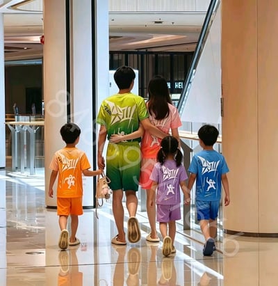 这是一张竖幅、写实风格的图片，主体为两名成人和三名儿童组成的五人家庭，全部背对镜头，走在一个灯光明亮、地面高度反光的现代化商场中。成年男性位于中间偏左，穿黄绿到深绿渐变的短袖短裤运动套装；成年女性在其右侧，穿粉色到橙红色渐变的同款套装。左侧小男孩穿橙色套装，中间偏右的小女孩扎双马尾、穿紫色套装，最右侧小男孩穿蓝色套装。五套衣服背面都有风格一致的白色抽象图形和运动小人图案。成年男女相互搂抱，男性左手还提着一只带挂件的米色小包，孩子们彼此牵手或靠近家长。画面右侧可见自动扶梯和玻璃护栏，背景中有立柱、店铺和局部发光标识。画面中央覆盖半透明斜向数字水印“84895466”。人物均未露脸，且多处手部、手臂衔接不自然，服装和构图也过于规整，因此整体疑似AI生成的亲子服装展示图或商业宣传图。
