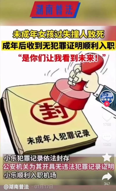 这是湖南普法发布的普法宣传图，讲述了未成年女孩小乐因过失撞人致死，在成年后依据我国未成年人犯罪记录封存制度，被公安机关依法开具无违法犯罪记录证明，最终顺利入职机场的故事。女孩对此表达了“是你们让我看到未来！”的感激之情。图中以卡通画面展示了工作人员给标注“未成年人犯罪记录”的文件盖上“封”字印章的场景，直观传递了对犯错未成年人的包容、帮扶政策，帮助其重新回归正常社会生活的普法理念。