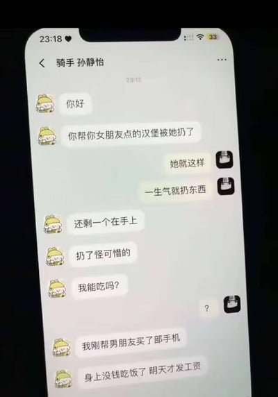 这是一张竖屏手机的聊天记录截图，展示了用户与外卖骑手孙静怡的对话：骑手先告知用户，其为女友点的汉堡被女友扔掉，自己手上还剩一个；接着说明自己刚给男友买了手机，身上没钱吃饭且次日才发工资，小心翼翼地询问用户能否吃掉这个剩下的汉堡。用户此前解释女友一生气就扔东西，对骑手的请求感到疑惑。这段对话既体现了外卖骑手的生活窘迫，也让日常的外卖相关交流多了一份意外的戏剧性。