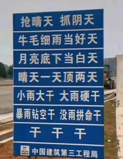 这是一块中国建筑第三工程局设立的蓝色竖版标语牌，牌面以白色字体呈现一系列层层递进的施工动员口号：从“抢晴天 抓阴天”“牛毛细雨当好天”“月亮底下当白天”“晴天一天顶两天”，将各种天气、时段都转化为可施工的时机，再到“小雨大干 大雨硬干”“暴雨钻空干 没雨拼命干”，把不同降雨情况的施工态度直白表述，最后以三个重复的“干”字收尾，将实干动员的情绪拉满。整体标语风格粗犷直白，充满了工地赶工的紧迫感与硬核的实干氛围，没有双关、谐音梗等内容，就是纯粹的工程进度动员口号。