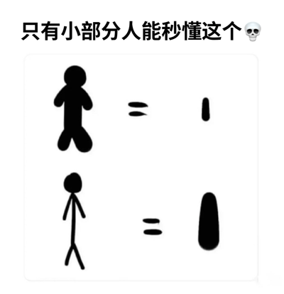 图片顶部为黑色加粗文字“只有小部分人能秒懂这个”并附带骷髅头emoji，营造神秘挑战氛围。下方白色方框内包含两个视觉等式：上式为一个四肢粗短的胖火柴人图案等于一条细竖线“Ⅰ”，下式为一个身形纤长的瘦火柴人图案等于一条较粗的竖线“Ⅱ”。图片通过极简的火柴人形象与抽象符号构建认知谜题，可能暗示特定场景下的视觉联想（如不同体型人影在不同时间的长度差异），需要观察者结合生活经验或特定知识进行解读。