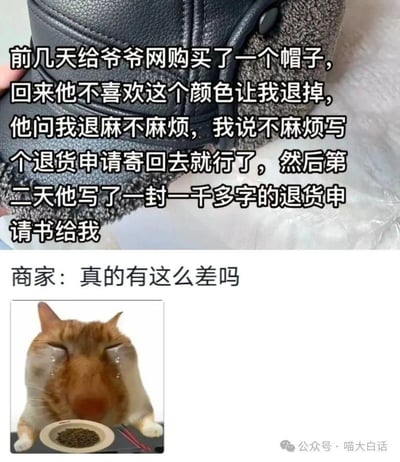 这是一张搞笑梗图，讲述了一个生活趣事：用户给爷爷网购了一顶帽子，爷爷因不喜欢颜色想要退货，询问退货流程后，用户告知只需写个退货申请即可，结果爷爷误解了“退货申请”的含义，写了一封一千多字的正式退货申请书。图中还配上了商家视角的吐槽“真的有这么差吗”，以及一张流泪橘猫的表情包，用猫的委屈表情来调侃商家看到长文后的心态。
笑点在于爷爷对电商退货流程的误解，把简单的线上申请当成了需要正式文书的流程，形成了强烈的反差感，十分搞笑。