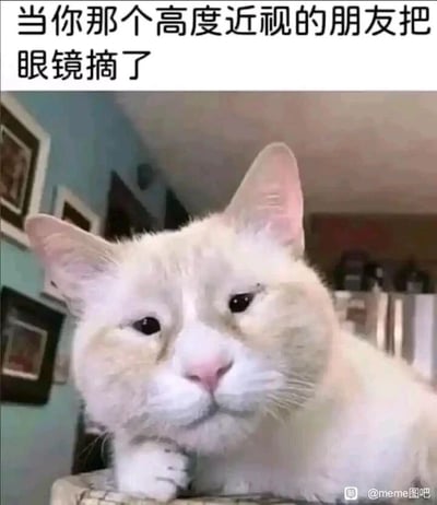 这是一张搞笑网络meme表情包，图片上方配有文字“当你那个高度近视的朋友把眼镜摘了”，主体是一只白色带浅黄斑块的猫咪，它半睁着眼睛，眼神涣散模糊，面部表情呆滞茫然，正趴在一处台面上，一只前爪搭在台边。猫咪的神态被用来高度还原高度近视人群摘下眼镜后，因视力骤降而看不清周围事物、整个人呈现出懵懂呆滞的状态，用拟人化的方式调侃近视人群摘镜后的样子，内容诙谐有趣，容易引发有近视经历人群的共鸣，适合在社交聊天中用来调侃相关话题。