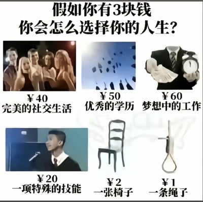 这是一张充满黑色幽默的网络梗图，以「假如你有3块钱，你会怎么选择你的人生？」为核心提问，展示了六个不同的人生选项：价值40元的完美社交生活、50元的优秀学历、60元的梦想工作、20元的特殊技能，以及仅需2元的椅子和1元的绳子。前三个选项都是普通人向往但成本高昂的人生目标，而3块钱刚好可以买下椅子和绳子，这一组合带有强烈的自杀暗示，用极端的自嘲方式，调侃当代年轻人面对遥不可及的人生目标时的无力感与绝望感，引发共鸣。