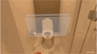 这是一段拍摄于卫生间的动态GIF，利用空间视角形成了有趣的视觉错位效果：画面中的马桶看起来像是被一块半透明的虚拟挡板框在中间，实际是卫生间的门与墙面的位置巧合造成的错觉。画面下方能看到一只手，整体场景荒诞又搞笑，通过日常场景中的视角反差制造出趣味感。