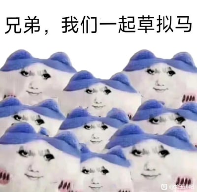 这是一张用于玩梗互动的搞笑图，画面上方配有文字“兄弟，我们一起草拟马”，下方是多张被P上龙玉涛人脸的蓝色耳朵仓鼠表情包密集排列，营造出起哄邀约的热闹氛围。
**谐音梗说明**：“草拟马”是“草泥马”的谐音，用委婉的谐音方式表达戏谑、吐槽的情绪，规避了脏话的直接表述。