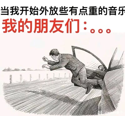 这是一张图文混排的搞笑梗图，图上方配有文字“当我开始外放些有点重的音乐 我的朋友们：...”，下方是一幅黑白线稿风格的插画。画中一名男子身处高速行驶的汽车内，身体完全探出车门外，双手向前伸出，呈现出要扑出车外的夸张姿态，用这种极度逃离的动作，幽默地调侃当自己外放重低音音乐时，朋友因为难以忍受而迫切想要逃离的反应，将日常小场景用夸张的方式放大，充满趣味反差感。