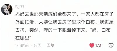 这是一张社交媒体截图，展示了用户S_177发布的一条感人帖子。内容描述了母亲去世当天，作者被大姨要求进屋取白布，却本能地向已故母亲询问白布位置的瞬间，体现了亲人离世后的情感惯性与悲伤。帖子下方显示有173个点赞，发布时间为1小时前，地点标记为韩国。
