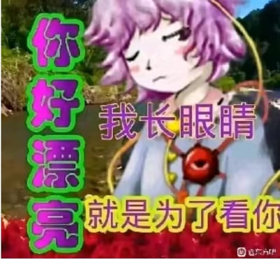 这是一张包含二次元角色萨图里的搞笑表情包。画面中的角色闭着眼睛，旁边配有夸张的文字：“你好漂亮 我长眼睛就是为了看你”。配色鲜艳，风格明显土味表情包。角色胸口的“第三只眼”有暗示意味，结合台词有双关（角色设定能读心，因此“长眼睛就是为了看你”既是土味情话也在玩梗）。整体风格网络化，适合表白或自夸时使用，调侃意味强烈。