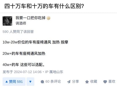 这是一张问答类社交媒体的截图，提问为「四十万车和十万的车有什么区别？」，用户「我要一口把你吃掉」以反向调侃的方式回答：10w-20w价位的车配备座椅通风、加热、按摩功能；20w+的车仅保留座椅通风加热；而40w+的车这些舒适功能居然是选配。通过价位越高配置反而「缩水」的反差感，讽刺高价车在基础舒适配置上的不合理设定，充满搞笑与讽刺的意味。