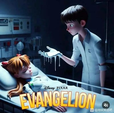 这是一张AI生成的恶搞创作图，采用迪士尼皮克斯的3D卡通画风，还原了日本经典动画《新世纪福音战士》中的碇真嗣和式波·明日香·兰格雷。场景设定在昏暗的医院病房内，明日香双目紧闭躺在病床上，呈现昏迷状态；碇真嗣站在床边，脸上带着严肃的神情，手上戴着沾满白色粘稠液体的手套，液体正不断从手套边缘滴落。图中在病床位置标注了“Disney·PIXAR”字样，底部用醒目的黄色字体标注了“EVANGELION”，将两种截然不同的动画风格进行混搭，同时通过白色液体的低俗暗示，对原作情节进行荒诞恶搞，制造出违和又搞笑的效果。