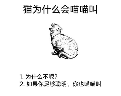 图片上方为黑色粗体标题文字“猫为什么会喵喵叫”，中间是一幅黑白线稿风格的插画，描绘了一只坐着仰头喵喵叫的猫，下方以序号列出两条幽默回答：“1. 为什么不呢?”和“2. 如果你足够聪明，你也喵喵叫”。整体通过提出宠物行为问题并搭配无厘头回答制造笑点，属于轻松幽默的宠物主题梗图。