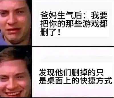 这是一张两格拼接的真人表情包，上半格中人物表情严肃，配文'爸妈生气后：我要把你的那些游戏都删了！'；下半格中同一人物露出得意笑容，配文'发现他们删掉的只是桌面上的快捷方式'。通过对比展现了父母与孩子在删除游戏这件事上的认知差异，幽默地反映了家庭中常见的技术误解场景。