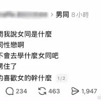 这是一张竖屏手机格式的社交媒体帖子截图，发布者账号显示为“男同”，发布时间标注为8小时前。内容是发布者的一连串疑惑发言：先是询问“女同是什么”，在得到“同性恋啊”的回应（或自问自答）后，又疑惑“不会去学什么女同吧”，随后表示自己“愣住了”，最后发出“的喜欢女的干什么”的疑问，帖子还标注了“1/2”，说明还有后续内容。帖子下方显示有234条评论、463条转发、1947个点赞，整体是纯文字内容，发布者对女同概念的困惑发言充满反差感，十分搞笑。