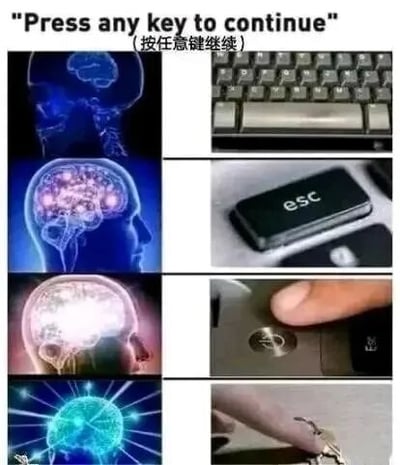 图片顶部有英文提示'Press any key to continue'及其中文翻译'（按任意键继续）'。下方为2x4的多图拼接布局，左侧列依次展示不同状态的大脑扫描图像：从蓝色轮廓到内部发光、再到强光闪烁，最后呈现蓝色能量放射状；右侧列对应展示键盘全貌、ESC按键特写、手指按压普通按键、以及戴着钥匙链的手指按压按键的画面。整体通过夸张对比，幽默表现当看到'按任意键继续'提示时，大脑过度思考、最终选择特定按键的搞笑场景。