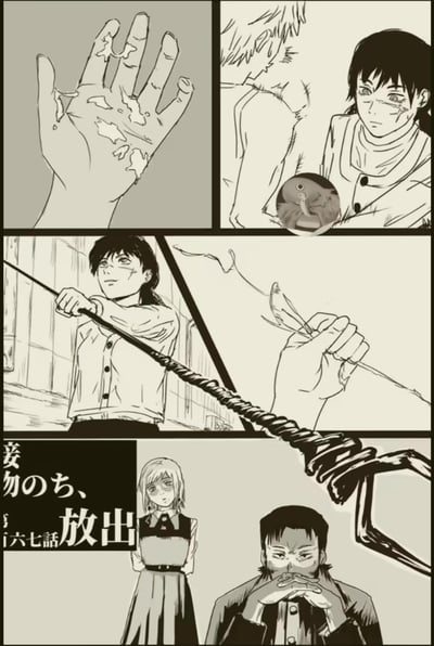 这是一张模仿《电锯人》原作风格的黑白同人连环漫画，模拟原作第67话的剧情：
1. 开篇展示东山小红带有破损的手掌，随后是她的面部特写，旁侧有小型恶魔形象；
2. 接着画面呈现东山小红召唤出由恶魔具象化的链锯武器，同时给出手部握持武器的细节；
3. 最后画面定格在帕瓦与岸边身上，搭配日文文字「妾 物のち、放出 第六七話」，还原原作相关剧情氛围。