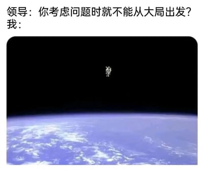 图片上方是领导与“我”的对话文本，领导质问“你考虑问题时就不能从大局出发？”，“我”的回应部分是一张宇航员在太空中漂浮、俯瞰地球的图片。通过夸张的“太空视角”幽默地诠释了“从大局出发”，形成职场场景下的搞笑调侃效果。