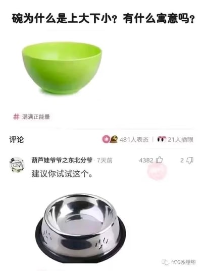 这张梗图分为两个部分。上方是一张绿色的普通碗图片，并配有提问：“碗为什么是上大下小？有什么寓意吗？”，下方是一条网友调侃的高赞评论：“建议你试试这个。”，并配上狗盆的图片。

评论巧妙地把提问引向了玩笑，以讽刺回答替代正面解答，产生了幽默效果。这里狗盆的结构一般为“上下同宽或下大上小”，与普通碗形成对比，暗含“如果觉得普通碗结构有问题，可以试试狗的饭碗”，稍有轻微的讽刺和自黑意味。